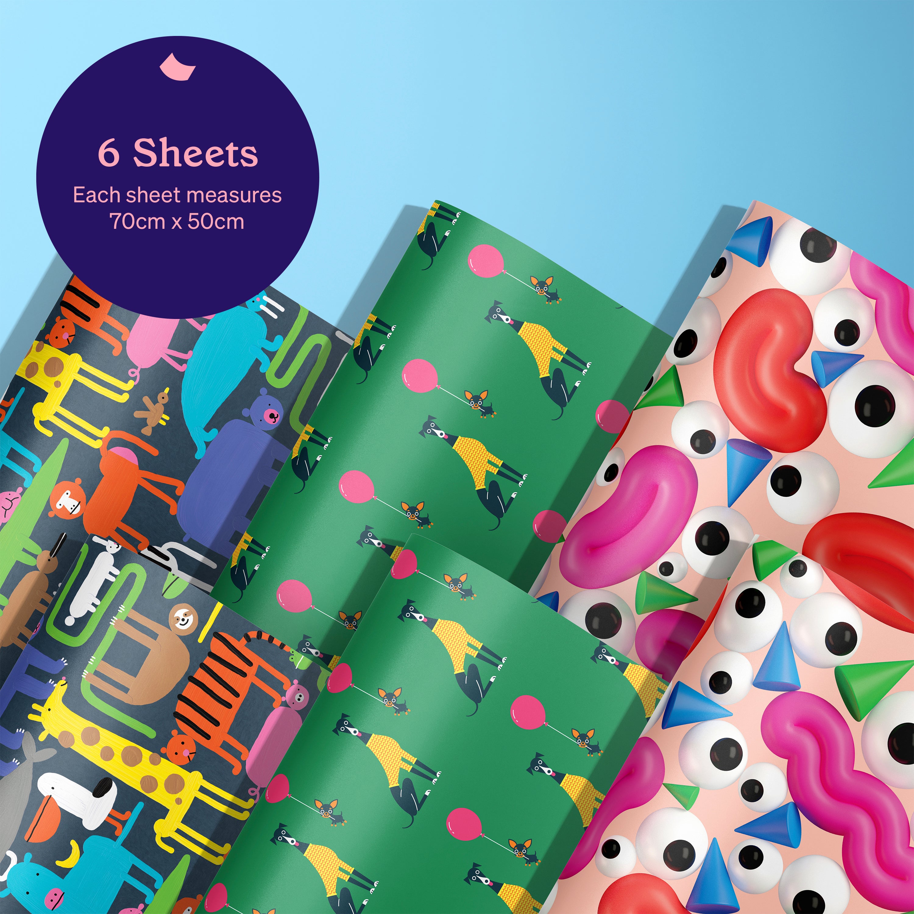 50cm x 70cm Eco-Friendly Wrapping Paper - Kids Bundle (6 Sheets)
