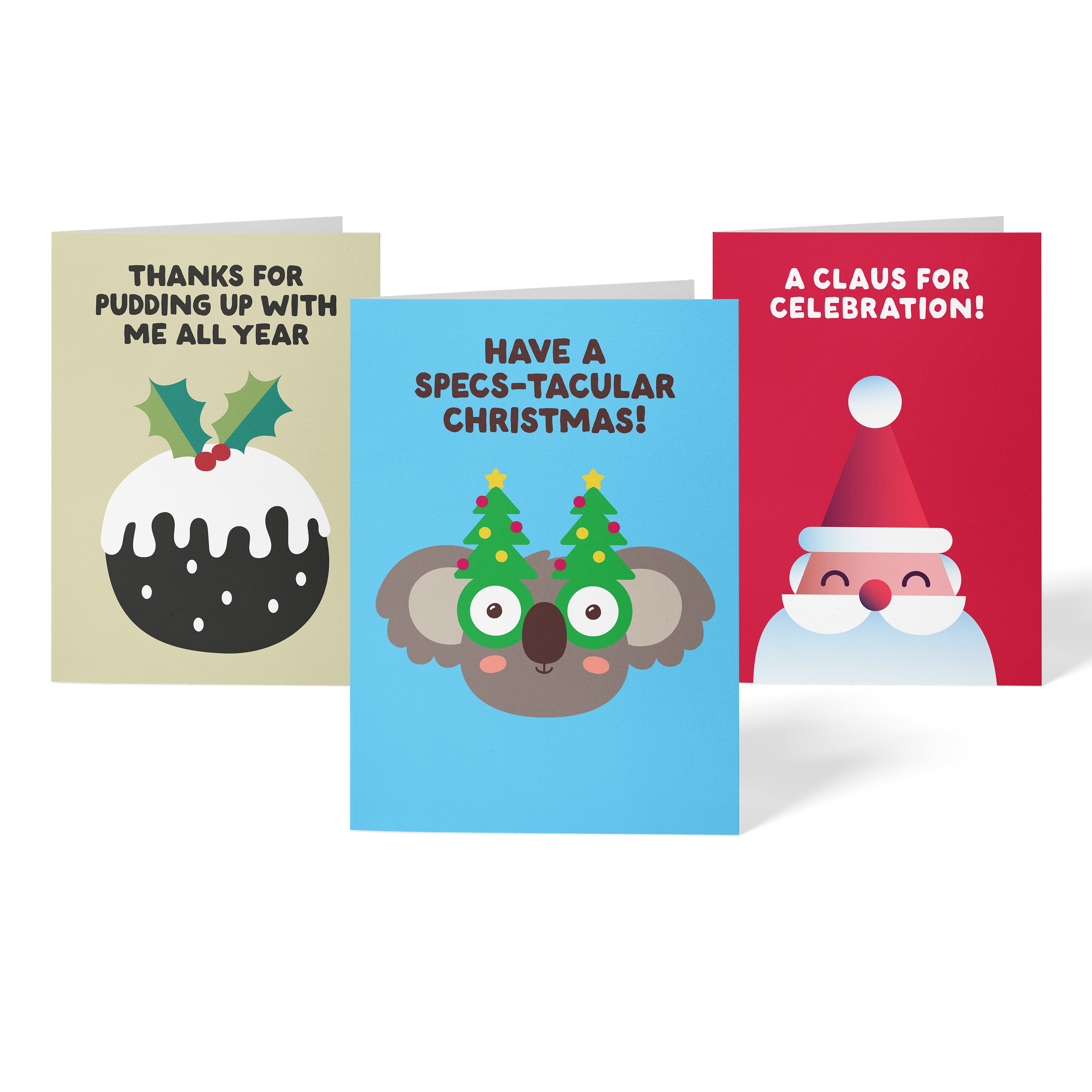 6 Christmas Greeting Cards - Santa + Pudding + Koala