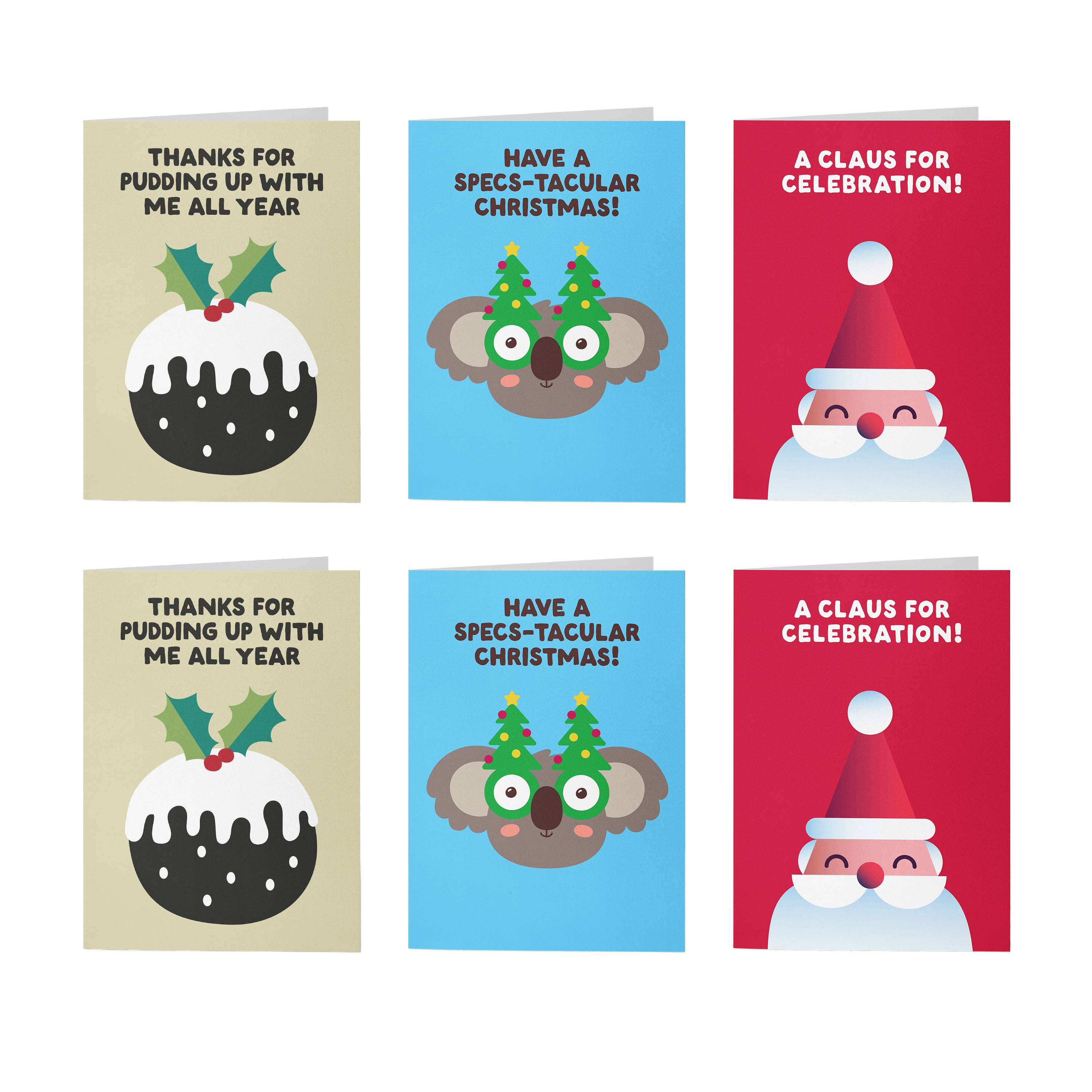 6 Christmas Greeting Cards - Santa + Pudding + Koala