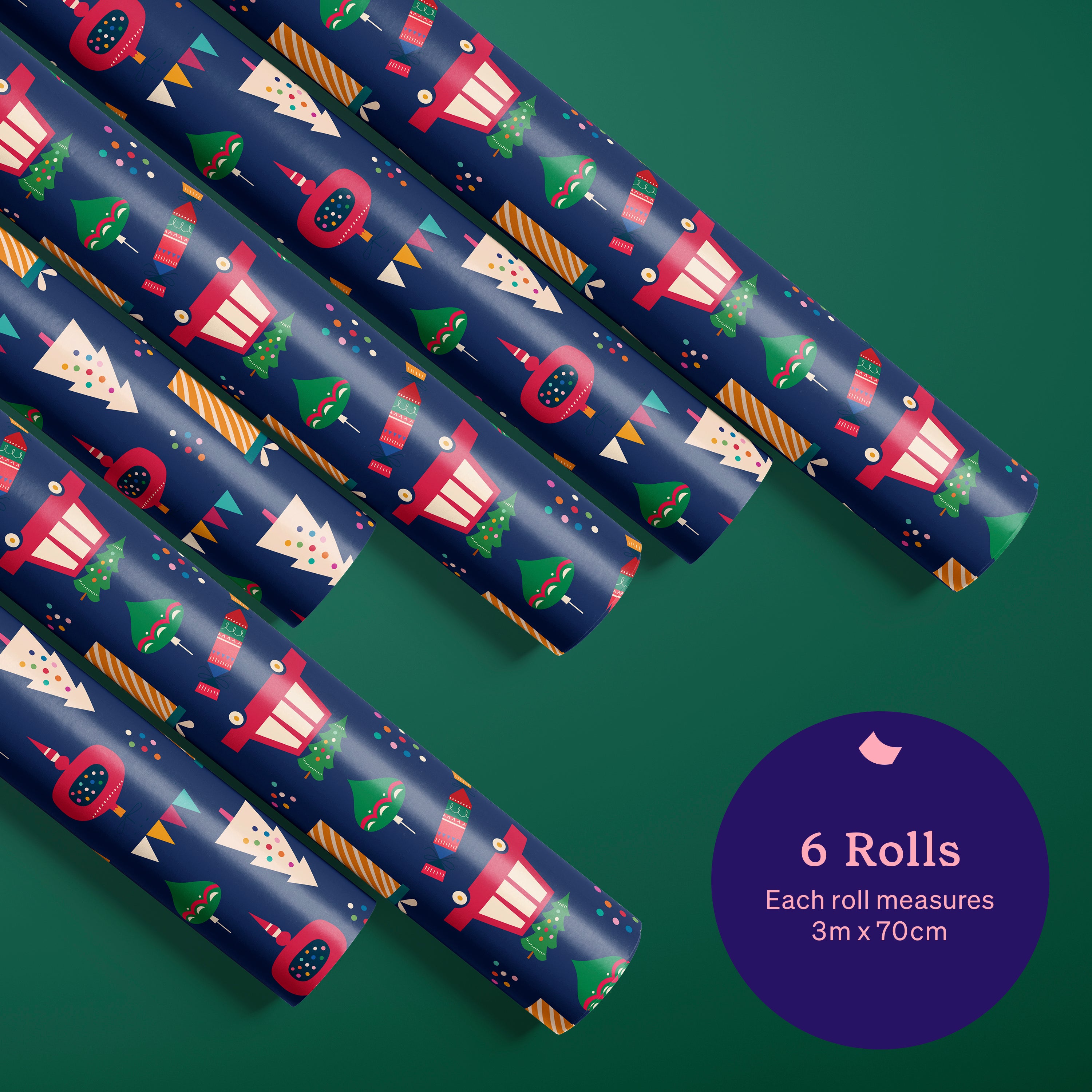 6 Rolls of Blue Christmas Wrapping Paper (Each Roll 3M x 70CM)