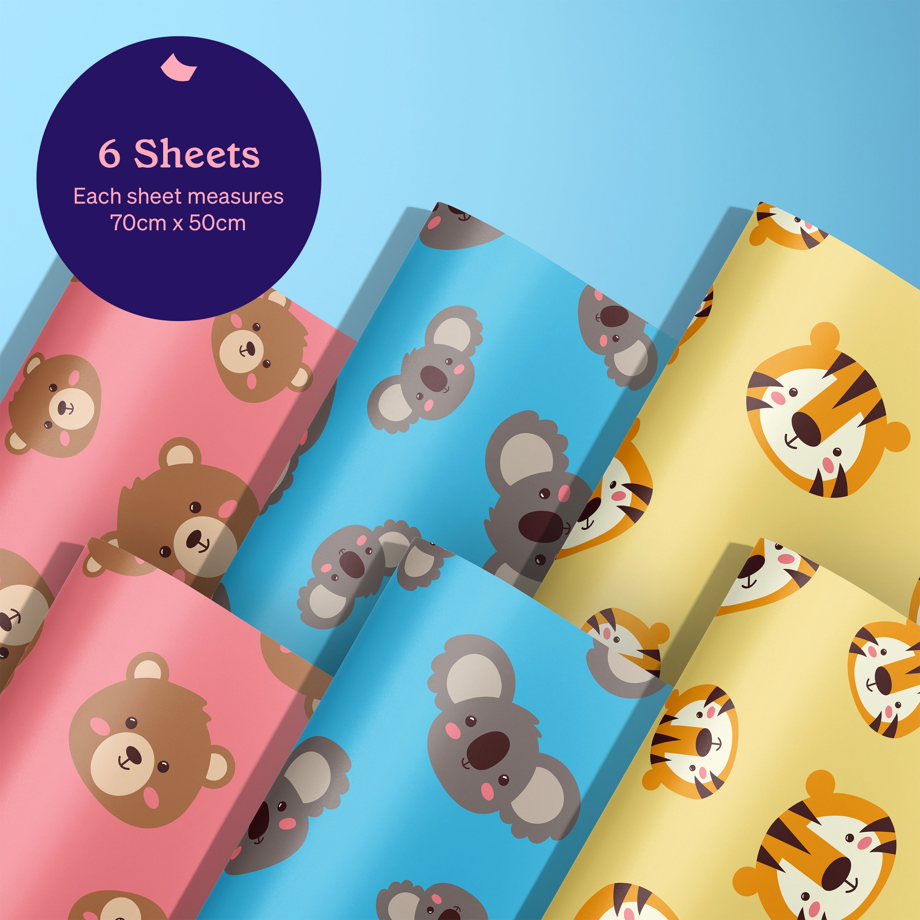 50cm x 70cm Eco-Friendly Wrapping Paper - Cute Animals Bundle (6 Sheets)