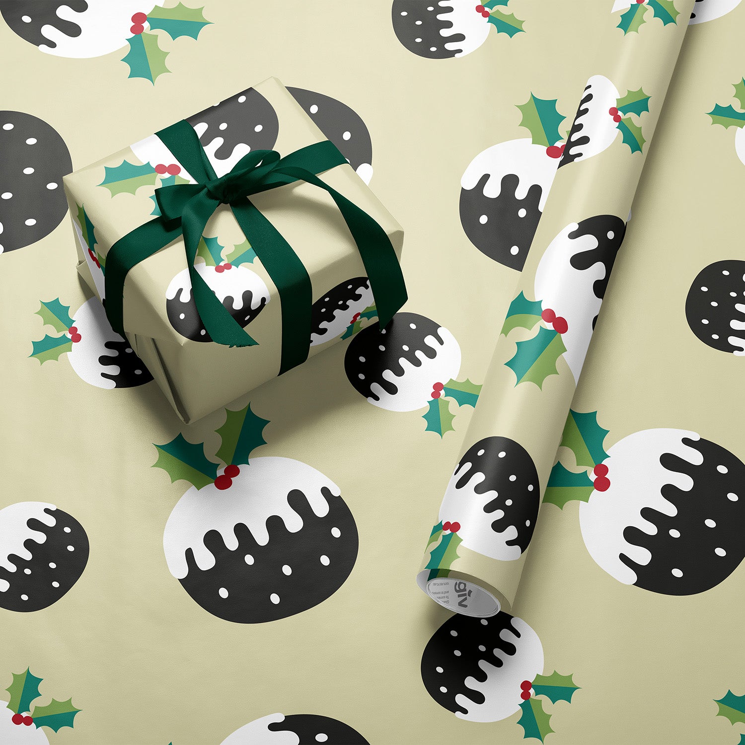 Jumbo Counter Roll Wrapping Paper 80gsm Christmas Puddings (50Mx50CM)